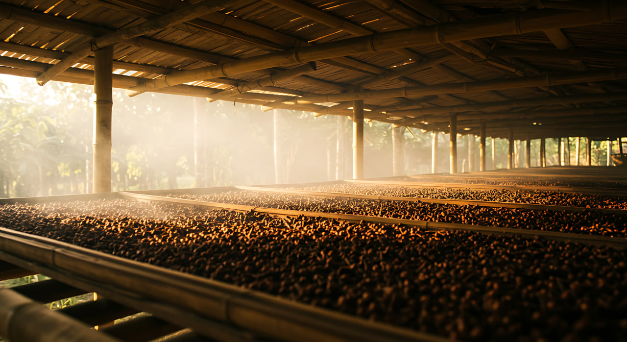 دانههای قهوه در حال خشک شدن